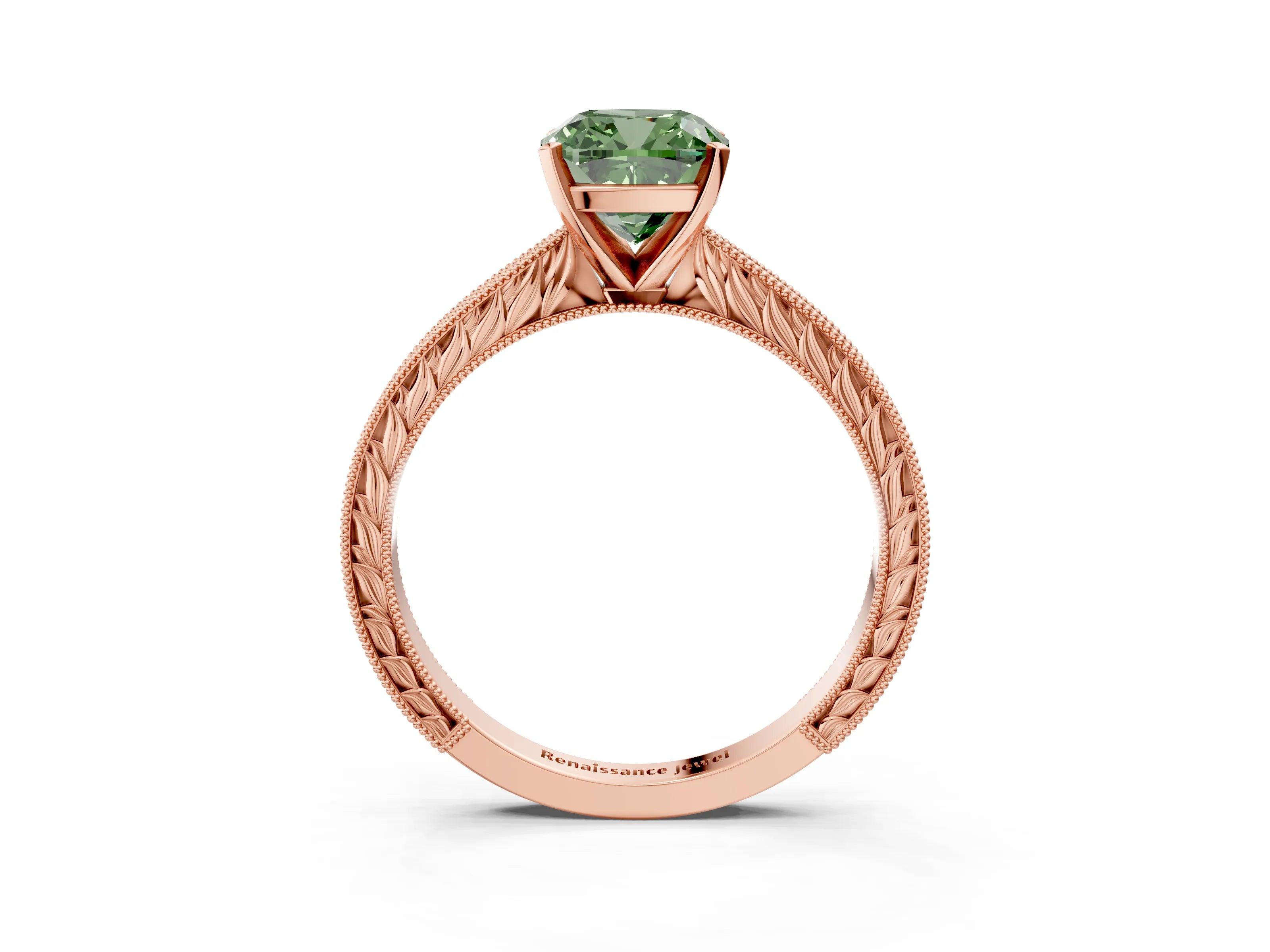 Rose gold Fancy Green Cushion Cut Solitaire Milgrain Engraved Band with Four-Prong Setting_3