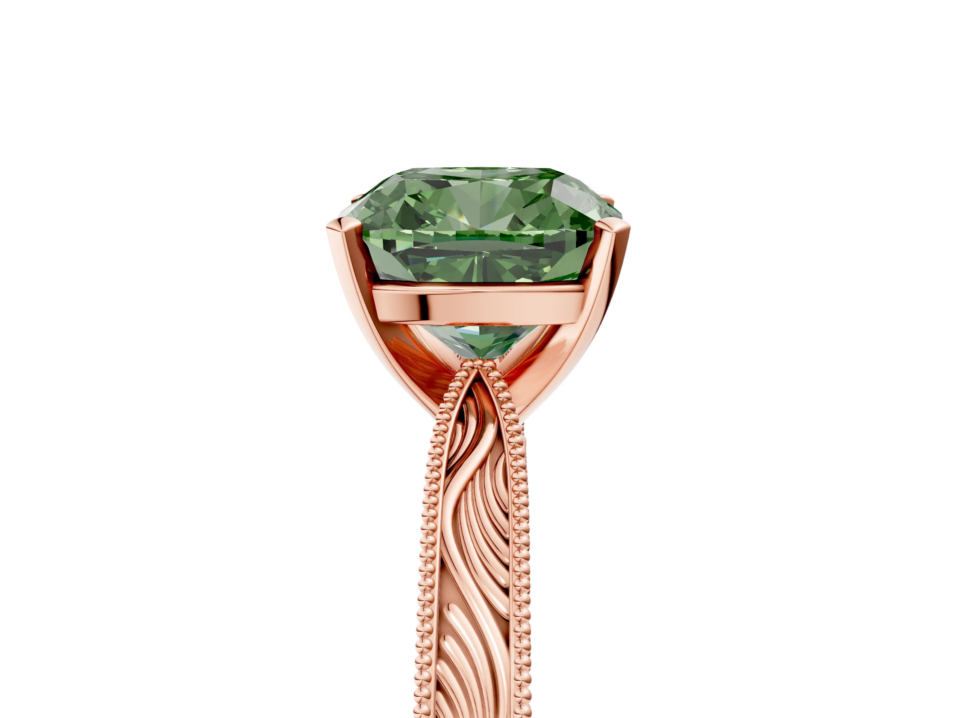 Rose gold Fancy Green Cushion Cut Solitaire Milgrain Engraved Band with Four-Prong Setting_5