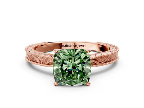 Rose gold Fancy Green Cushion Cut Solitaire Milgrain Engraved Band with Four-Prong Setting