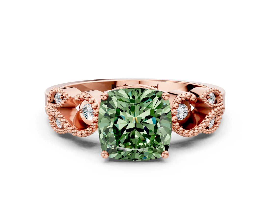 Rose gold Fancy Green Cushion Cut Solitaire Milgrain Leaf Band with Prong Setting