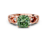 Rose gold Fancy Green Cushion Cut Solitaire Milgrain Leaf Band with Prong Setting