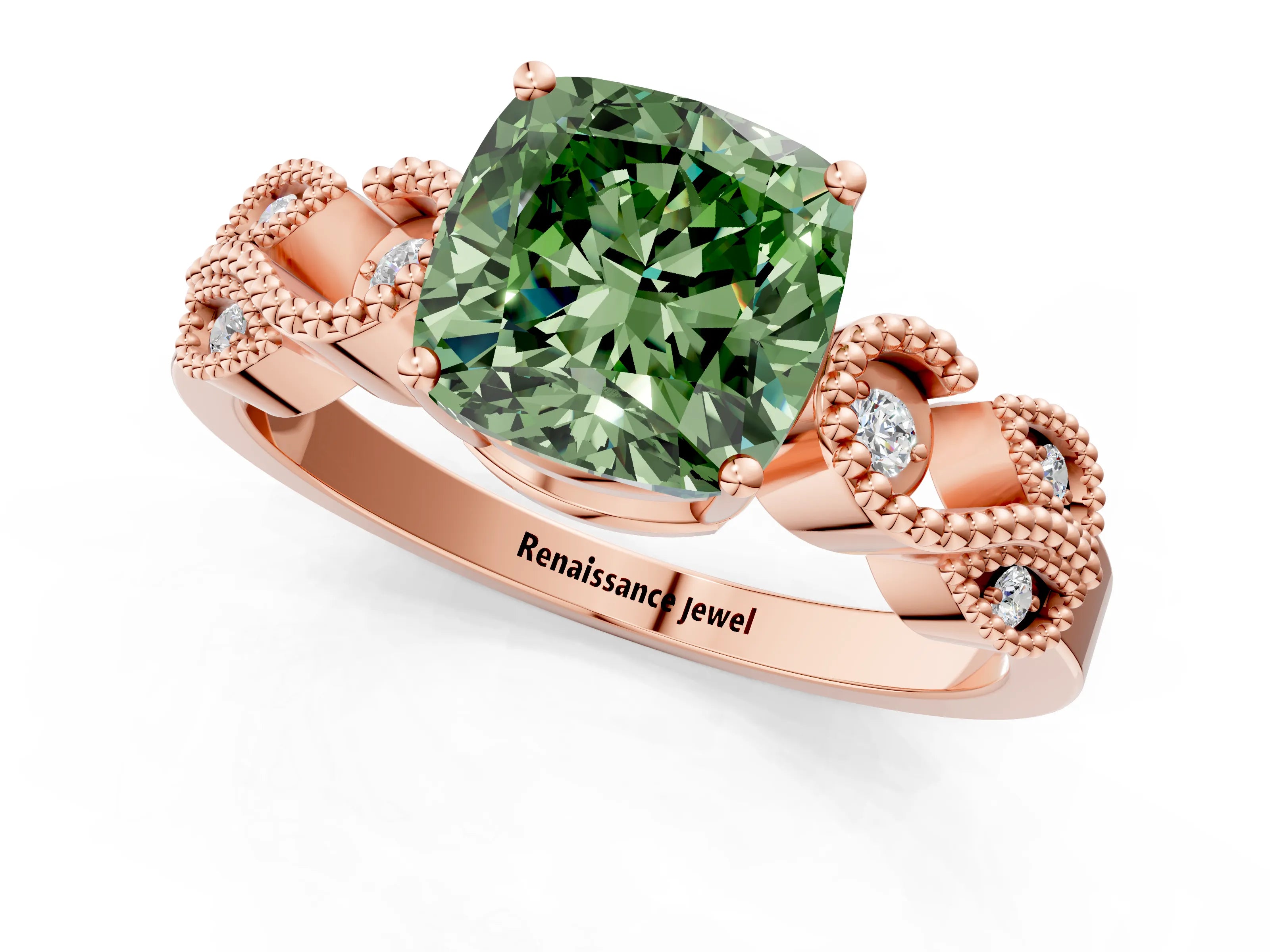 Rose gold Fancy Green Cushion Cut Solitaire Milgrain Leaf Band with Prong Setting_1
