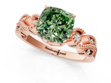 Rose gold Fancy Green Cushion Cut Solitaire Milgrain Leaf Band with Prong Setting_1