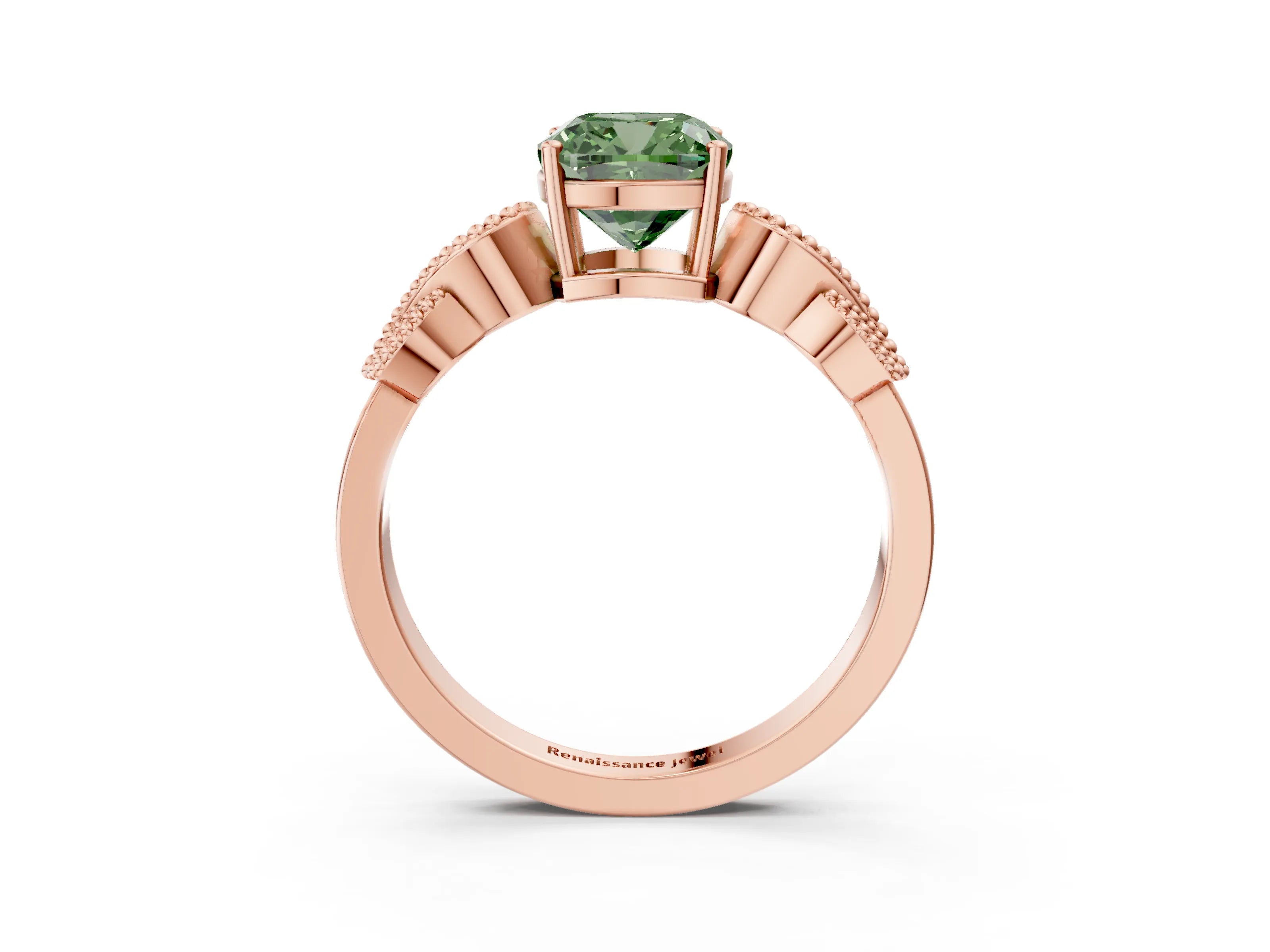 Rose gold Fancy Green Cushion Cut Solitaire Milgrain Leaf Band with Prong Setting_3