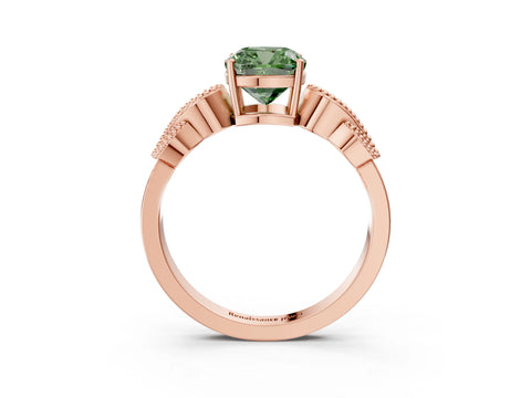 Rose gold Fancy Green Cushion Cut Solitaire Milgrain Leaf Band with Prong Setting_3