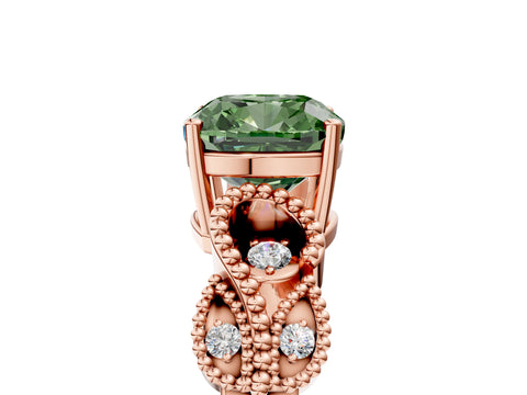 Rose gold Fancy Green Cushion Cut Solitaire Milgrain Leaf Band with Prong Setting_5