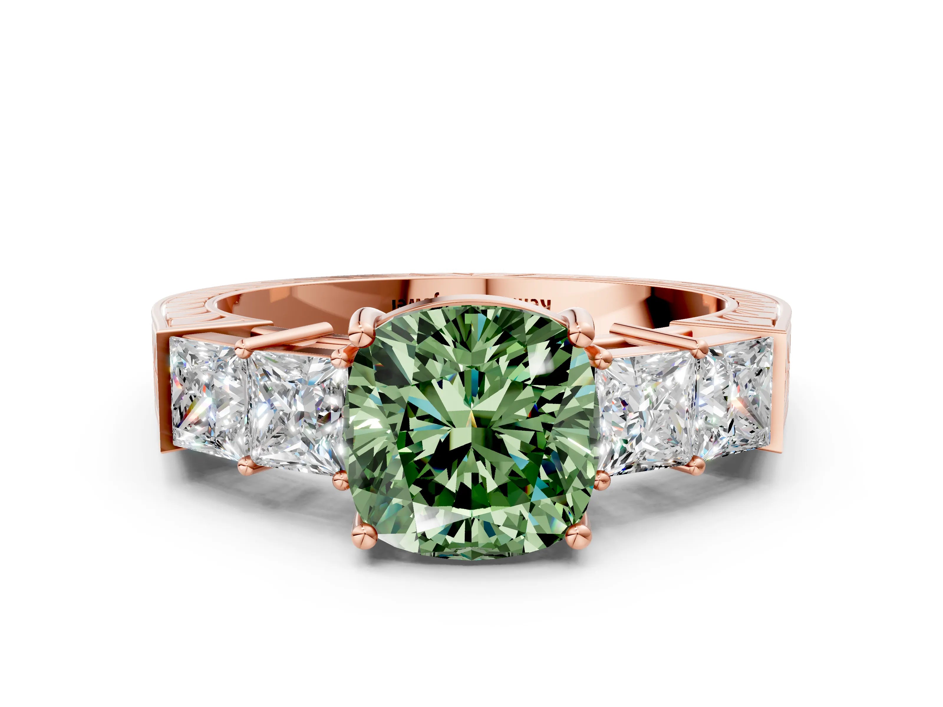 Rose gold Fancy Green Cushion Cut Solitaire Princess Side Stone Engraved Band Prong Setting Ring