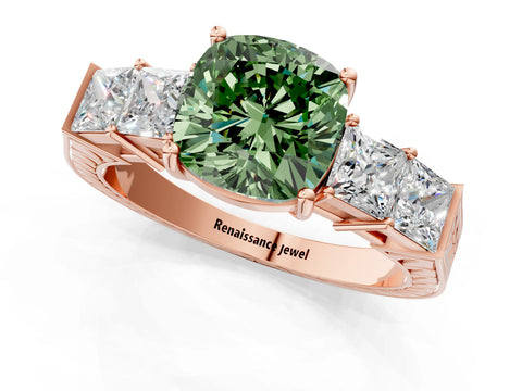 Rose gold Fancy Green Cushion Cut Solitaire Princess Side Stone Engraved Band Prong Setting Ring_1
