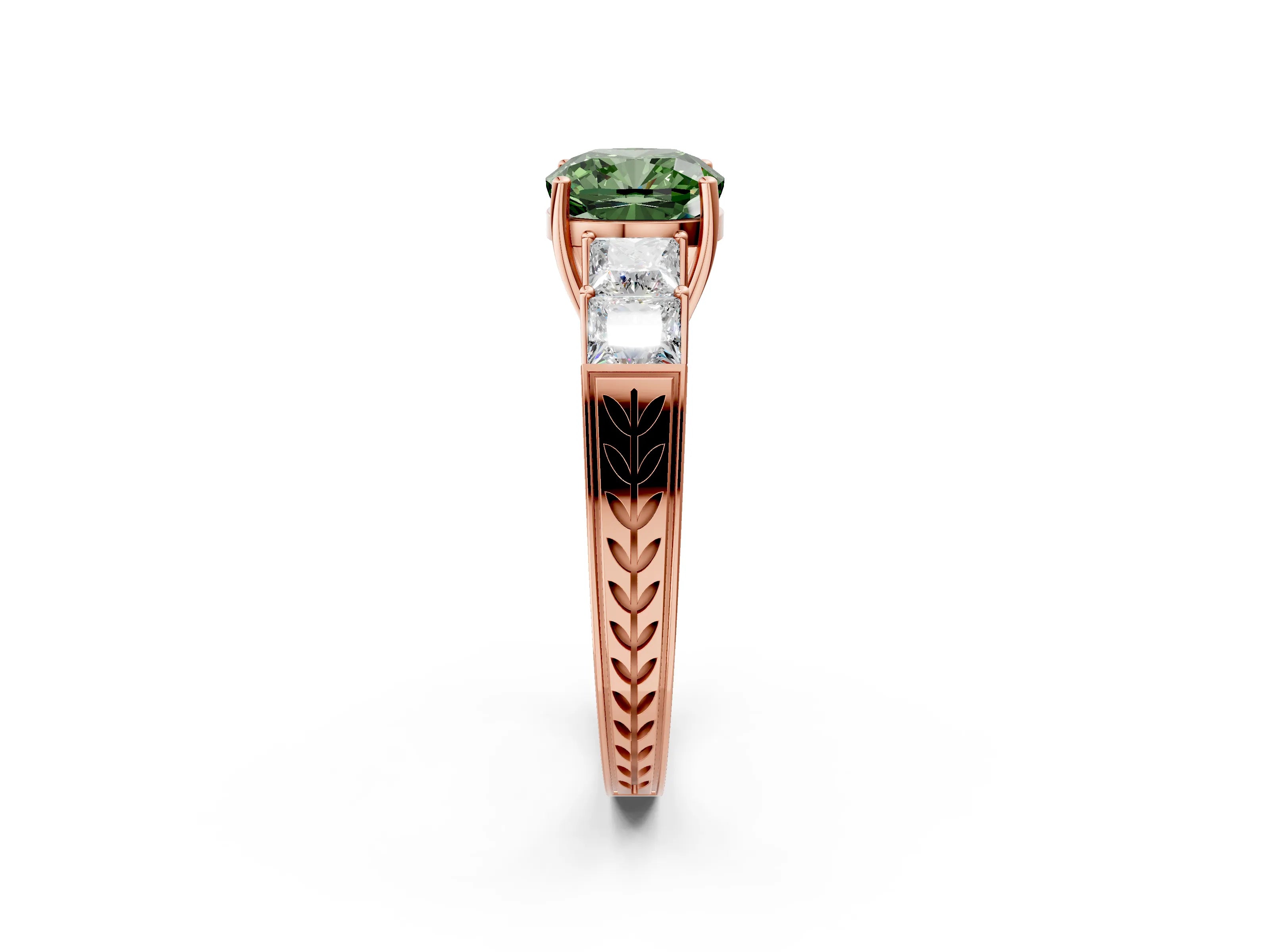 Rose gold Fancy Green Cushion Cut Solitaire Princess Side Stone Engraved Band Prong Setting Ring_2