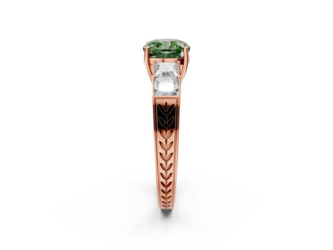Rose gold Fancy Green Cushion Cut Solitaire Princess Side Stone Engraved Band Prong Setting Ring_2