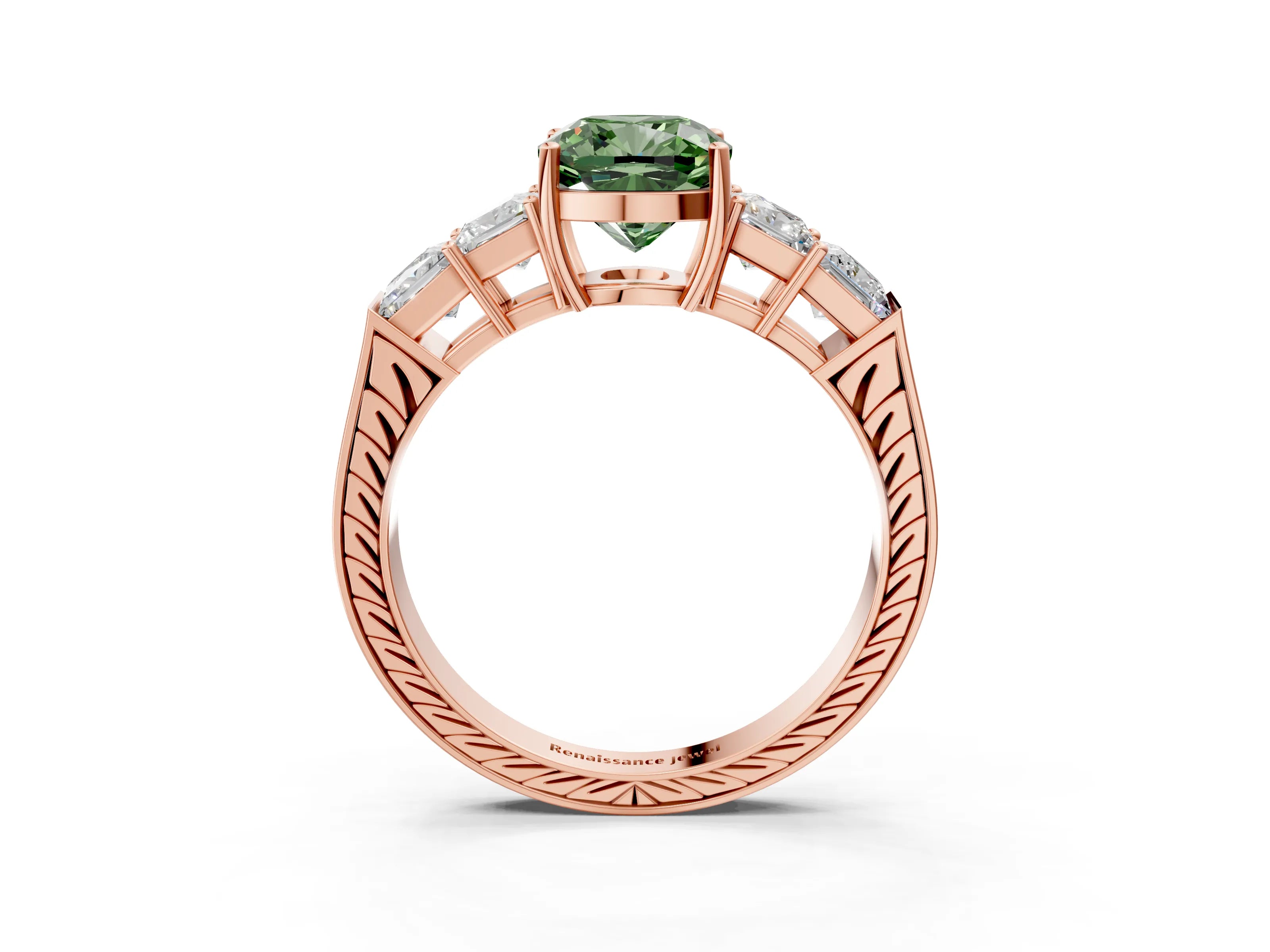 Rose gold Fancy Green Cushion Cut Solitaire Princess Side Stone Engraved Band Prong Setting Ring_3