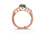 Rose gold Fancy Green Cushion Cut Solitaire Princess Side Stone Engraved Band Prong Setting Ring_3