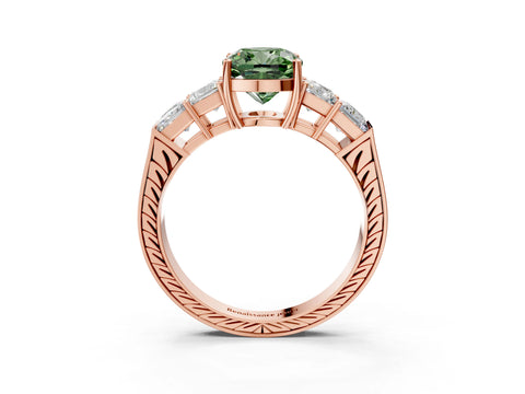 Rose gold Fancy Green Cushion Cut Solitaire Princess Side Stone Engraved Band Prong Setting Ring_3