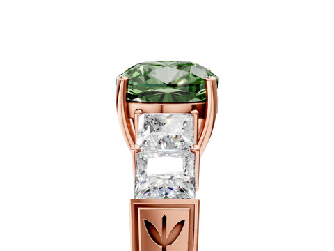 Rose gold Fancy Green Cushion Cut Solitaire Princess Side Stone Engraved Band Prong Setting Ring_5