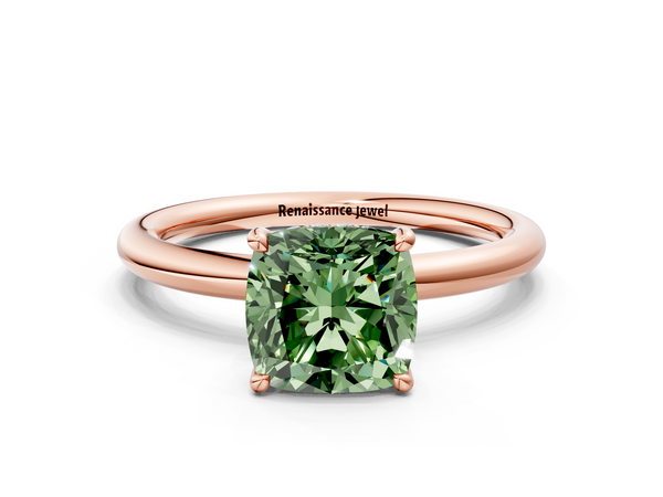 Rose gold Fancy Green Cushion Cut Diamond Solitaire Ring with Thin Band and Four-Prong Setting