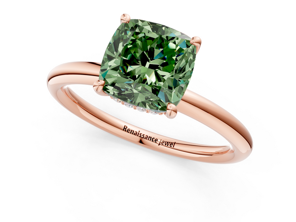 Rose gold Fancy Green Cushion Cut Diamond Solitaire Ring with Thin Band and Four-Prong Setting