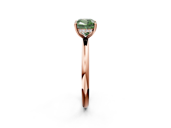 Rose gold Fancy Green Cushion Cut Diamond Solitaire Ring with Thin Band and Four-Prong Setting