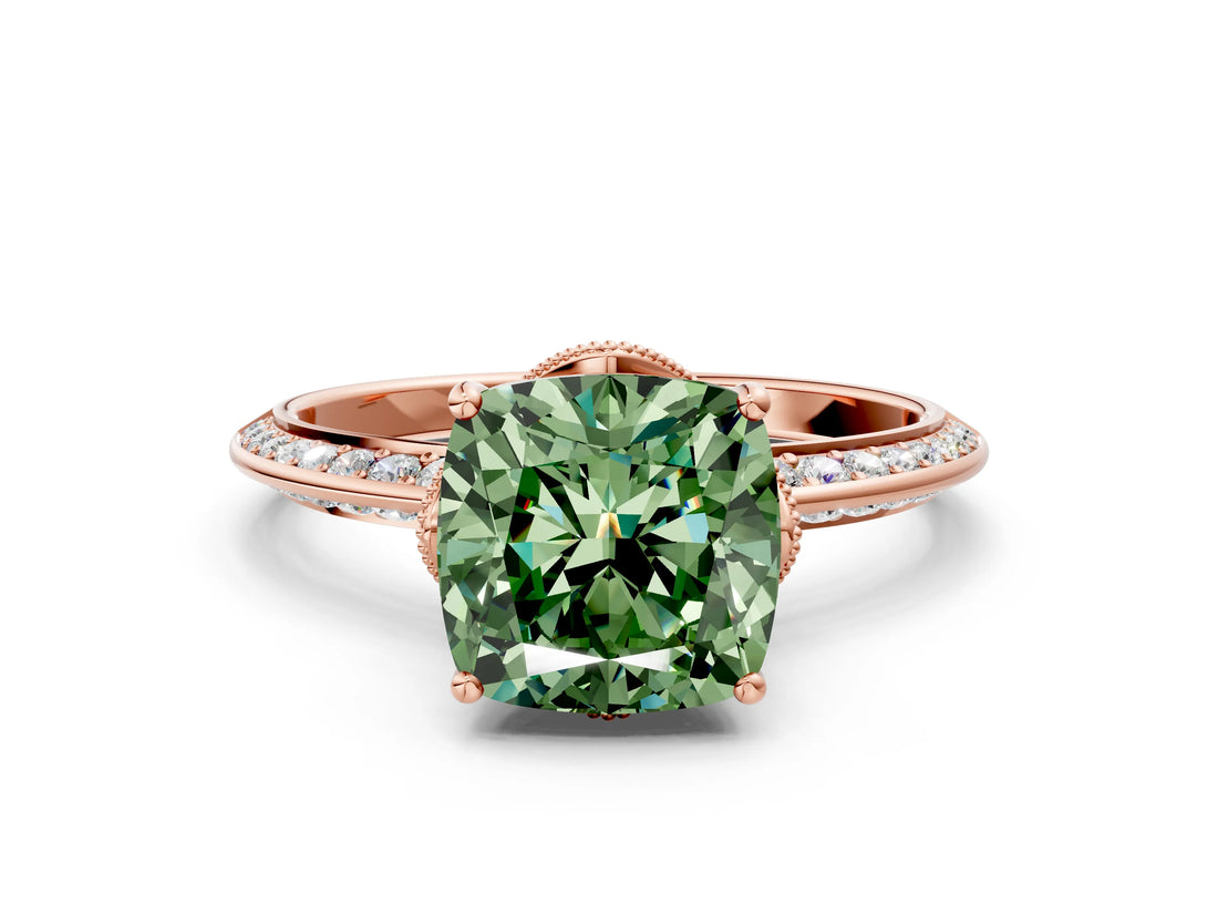 Rose gold Fancy Green Cushion Cut Solitaire Split Shank Pave Diamond Engagement Ring with Four-Prong Setting