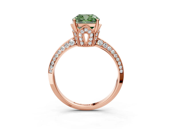 Rose Gold Cushion Cut Graduated Pave Engagement Ring Setting for Fancy Green Center