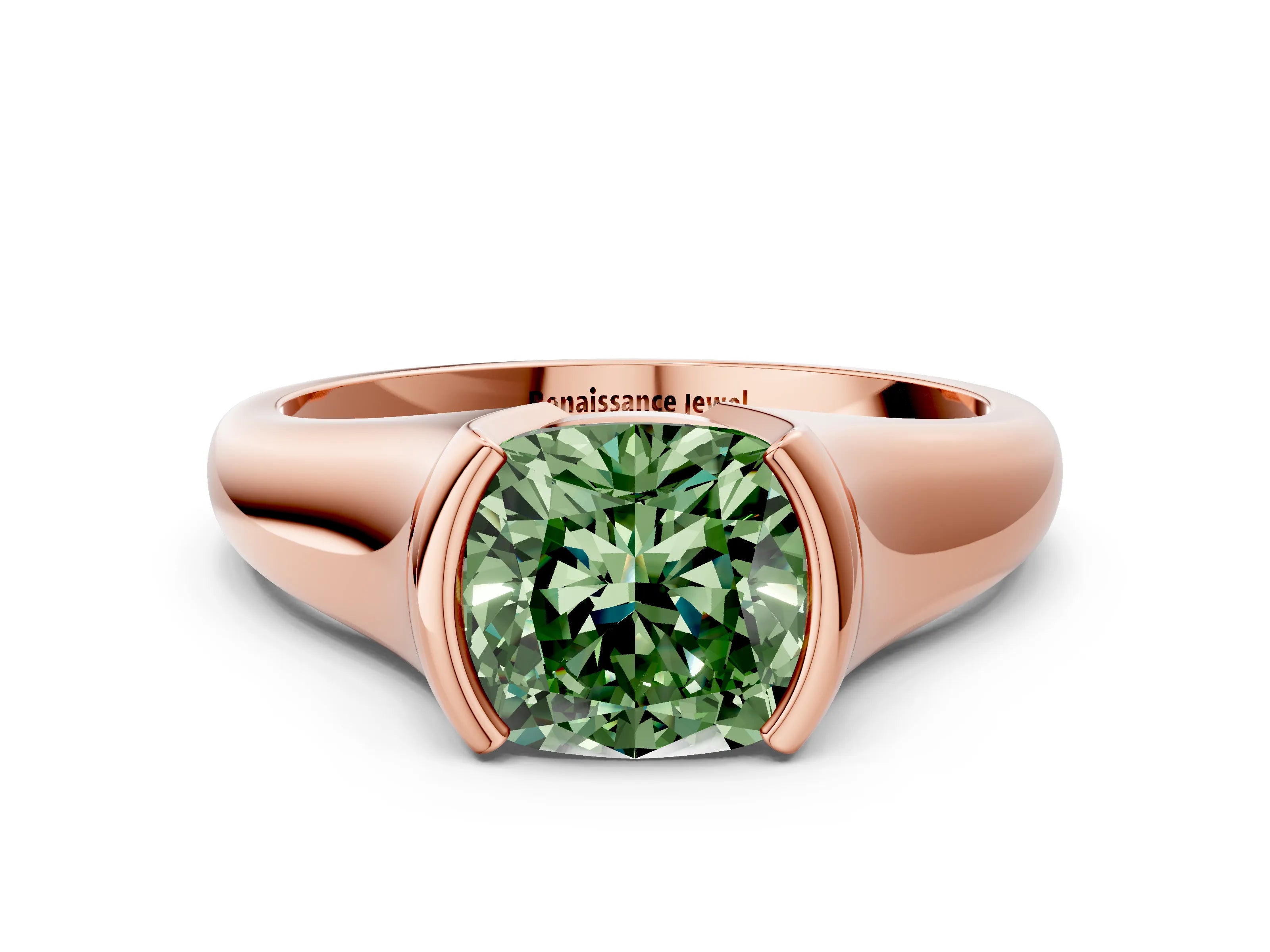 Rose gold Fancy Green Cushion Cut Solitaire Tension Set Diamond Ring with Split Shank Band