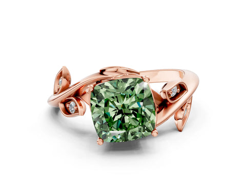 Rose gold Fancy Green Cushion Cut Solitaire Twist Engagement Ring with Leaf Accents and Prong Setting_12