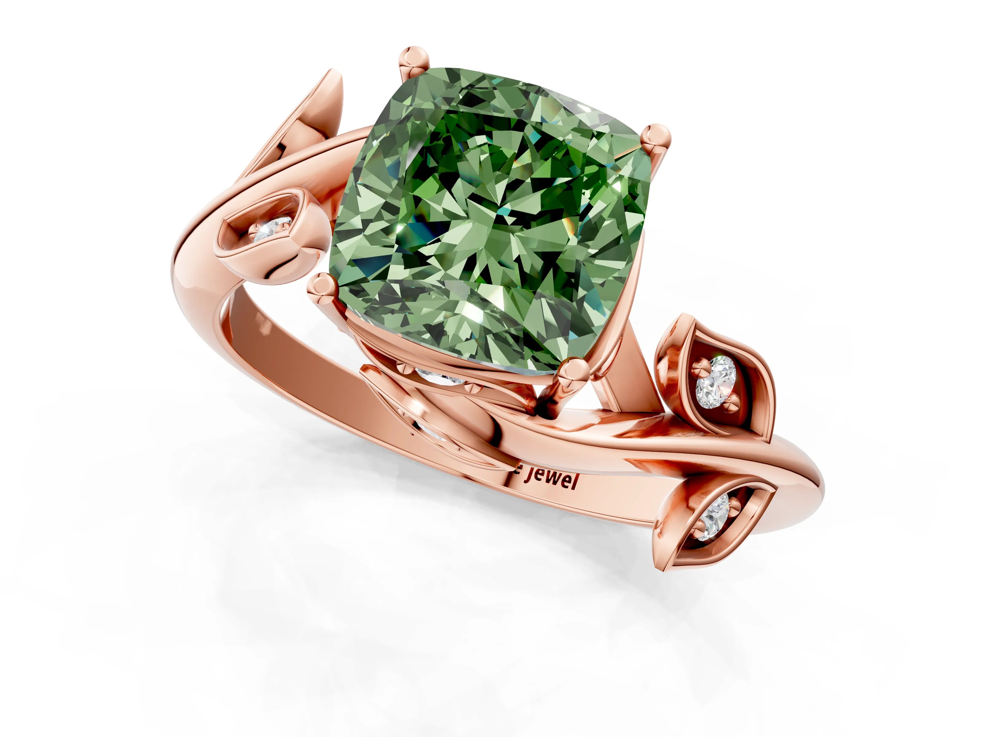 Rose gold Fancy Green Cushion Cut Solitaire Twist Engagement Ring with Leaf Accents and Prong Setting_13