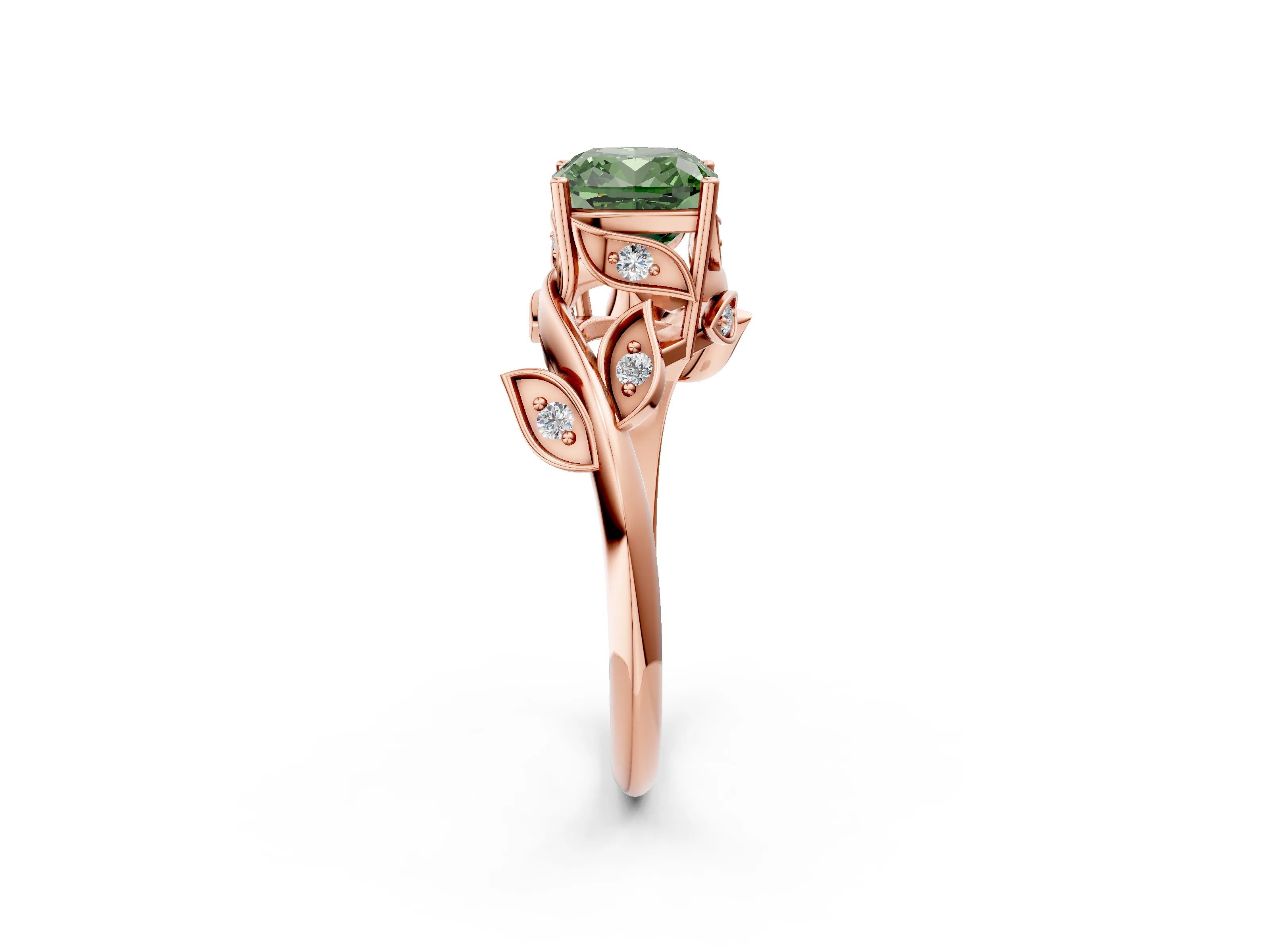 Rose gold Fancy Green Cushion Cut Solitaire Twist Engagement Ring with Leaf Accents and Prong Setting_14