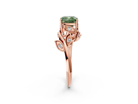 Rose gold Fancy Green Cushion Cut Solitaire Twist Engagement Ring with Leaf Accents and Prong Setting_14