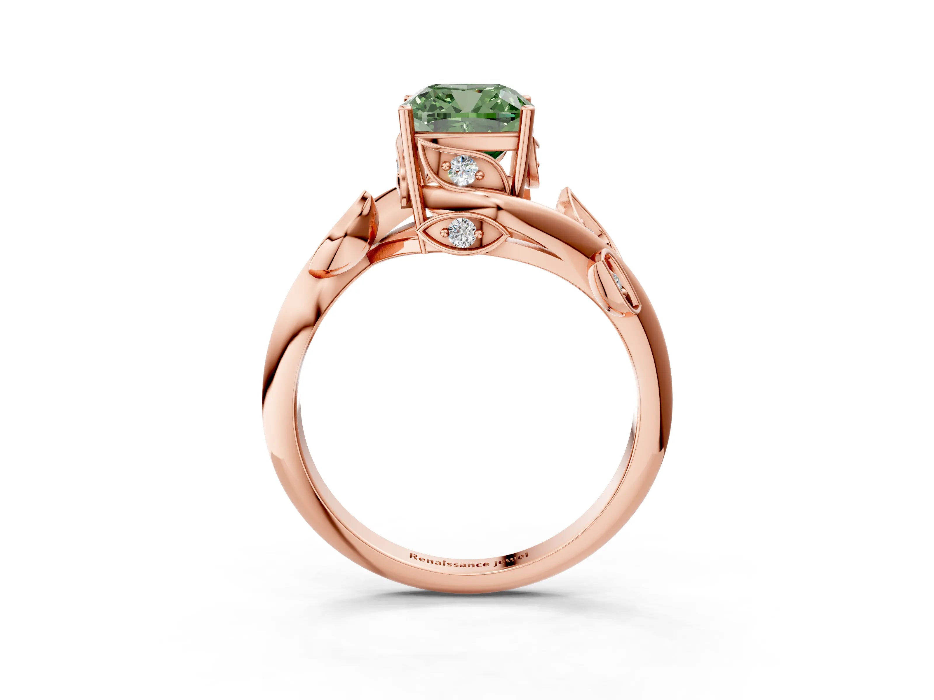Rose gold Fancy Green Cushion Cut Solitaire Twist Engagement Ring with Leaf Accents and Prong Setting_15