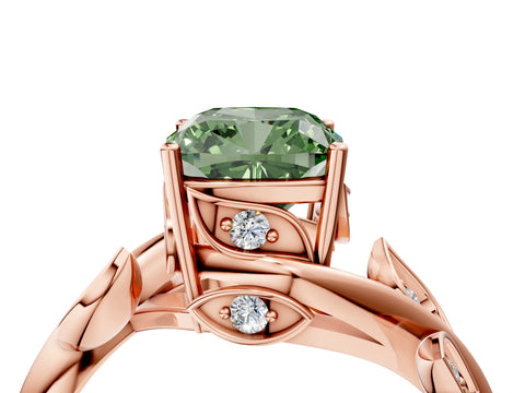 Rose gold Fancy Green Cushion Cut Solitaire Twist Engagement Ring with Leaf Accents and Prong Setting_16
