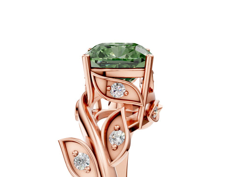 Rose gold Fancy Green Cushion Cut Solitaire Twist Engagement Ring with Leaf Accents and Prong Setting_17