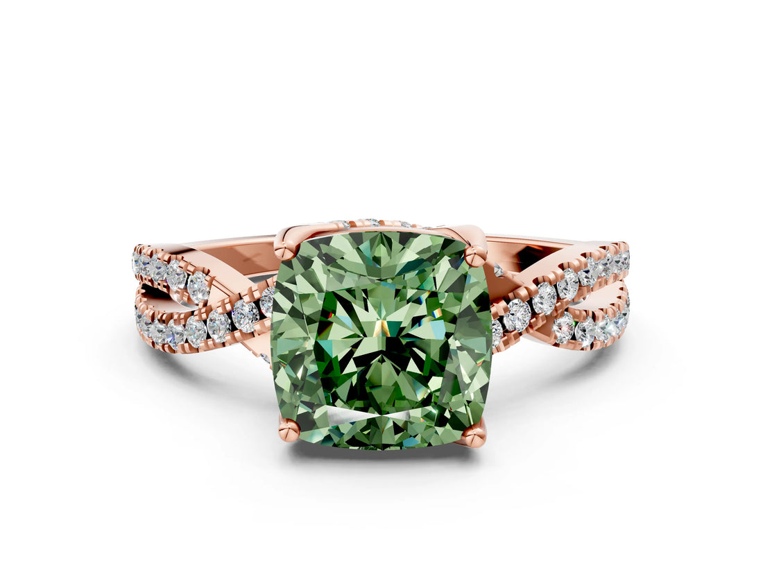 Rose gold Fancy Green Cushion Cut Solitaire Twist Pave Diamond Engagement Ring with Prong Setting