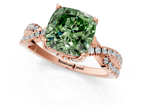 Rose gold Fancy Green Cushion Cut Solitaire Twist Pave Diamond Engagement Ring with Prong Setting_1