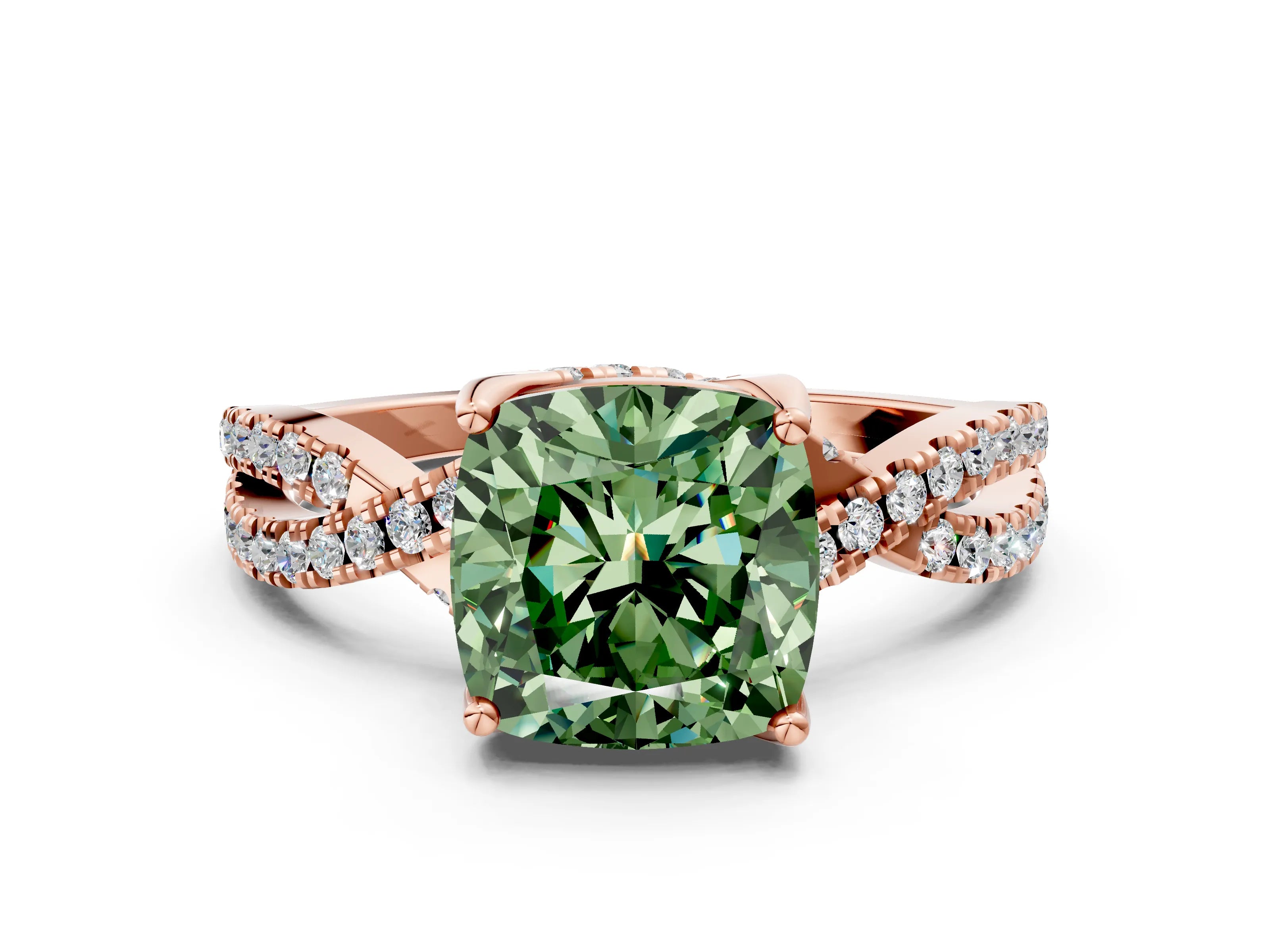 Rose gold Fancy Green Cushion Cut Solitaire Twist Pave Diamond Engagement Ring with Prong Setting_24