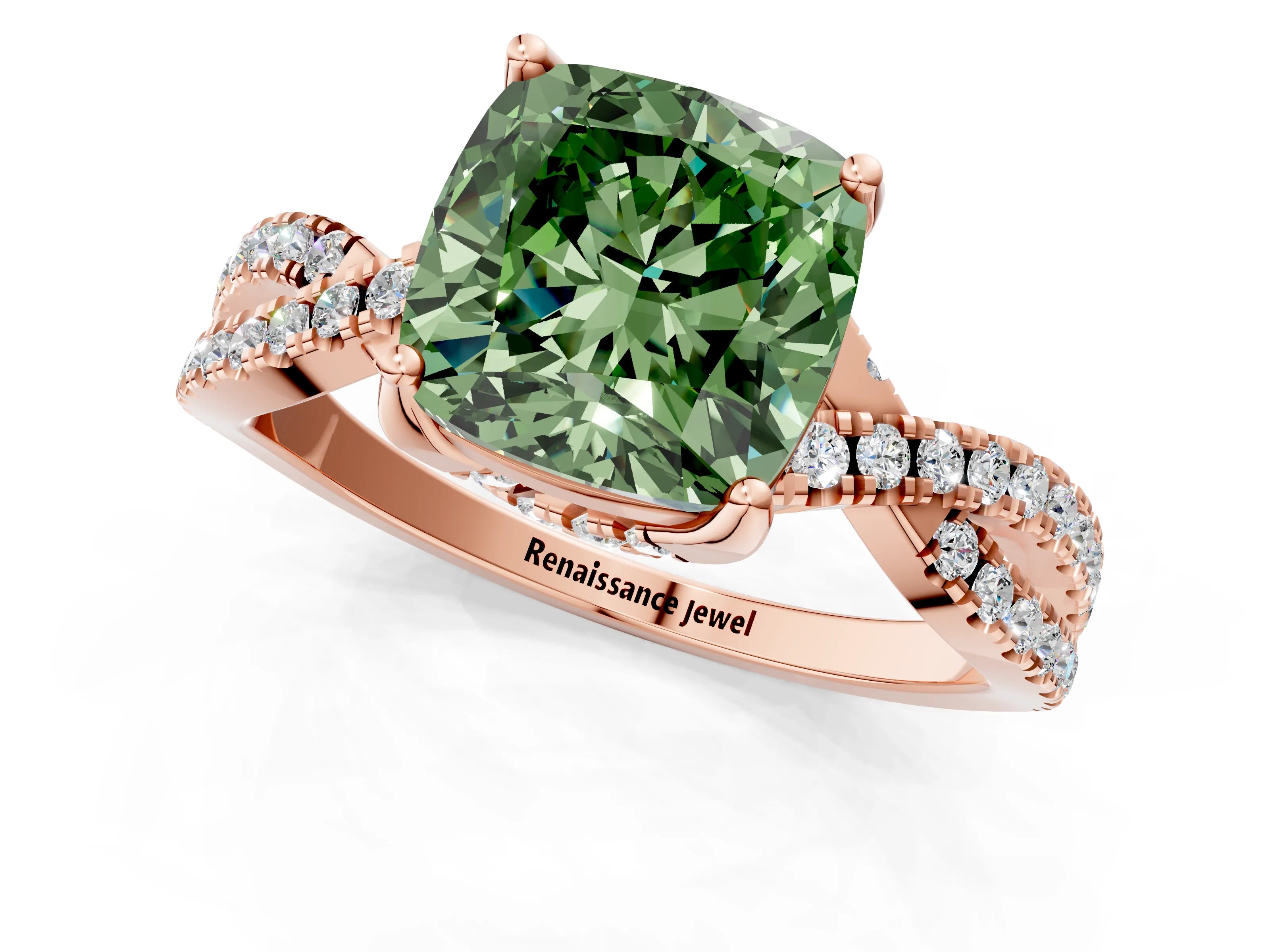 Rose gold Fancy Green Cushion Cut Solitaire Twist Pave Diamond Engagement Ring with Prong Setting_25