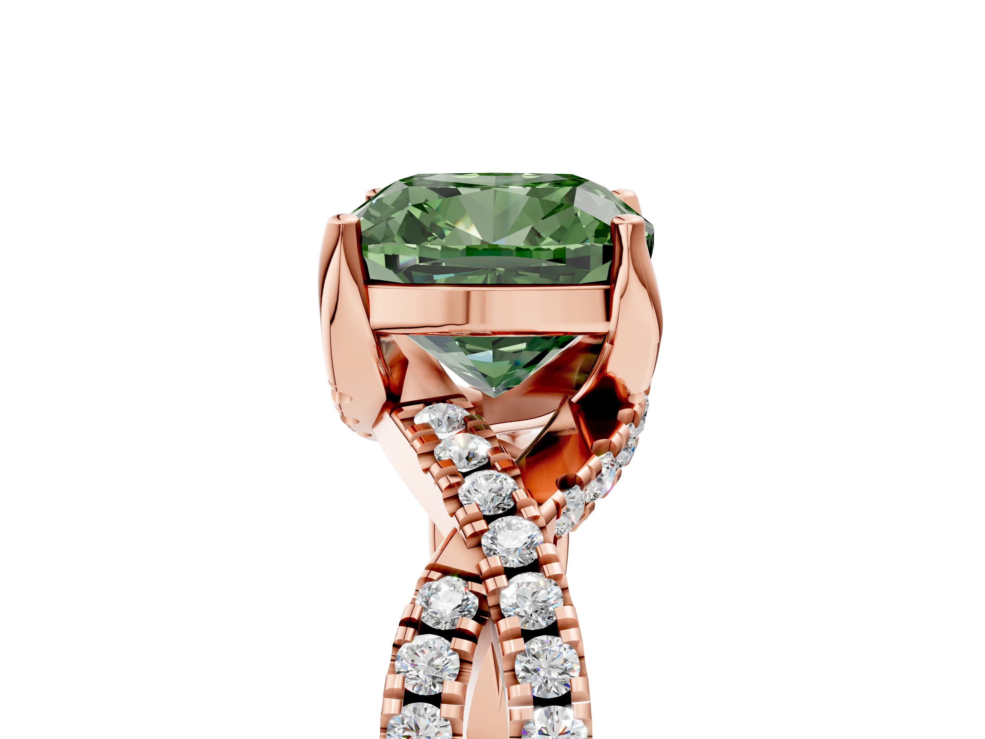 Rose gold Fancy Green Cushion Cut Solitaire Twist Pave Diamond Engagement Ring with Prong Setting_29