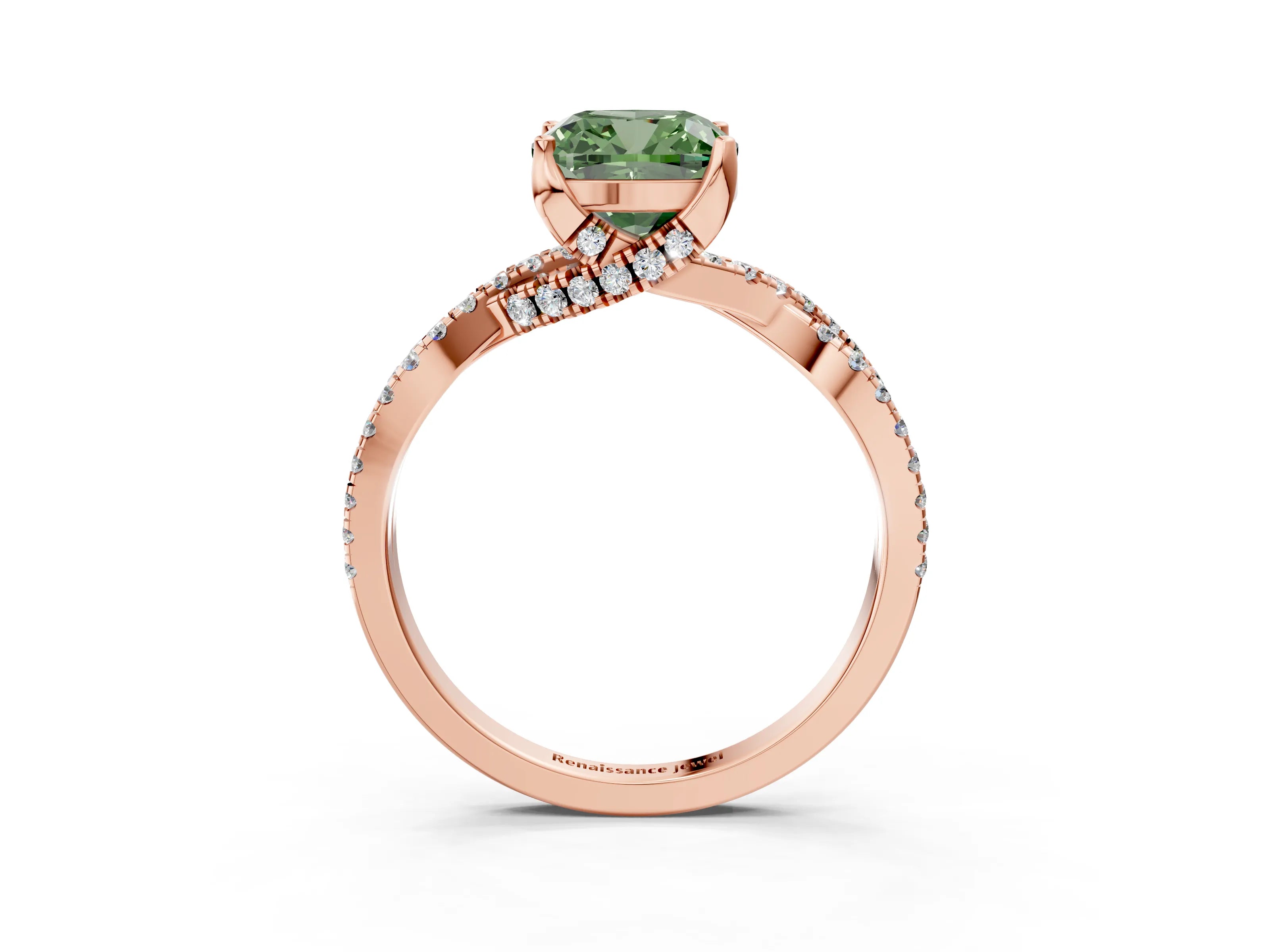Rose gold Fancy Green Cushion Cut Solitaire Twist Pave Diamond Engagement Ring with Prong Setting_3