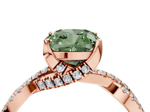 Rose gold Fancy Green Cushion Cut Solitaire Twist Pave Diamond Engagement Ring with Prong Setting_4