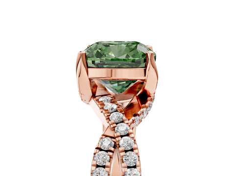 Rose gold Fancy Green Cushion Cut Solitaire Twist Pave Diamond Engagement Ring with Prong Setting_5