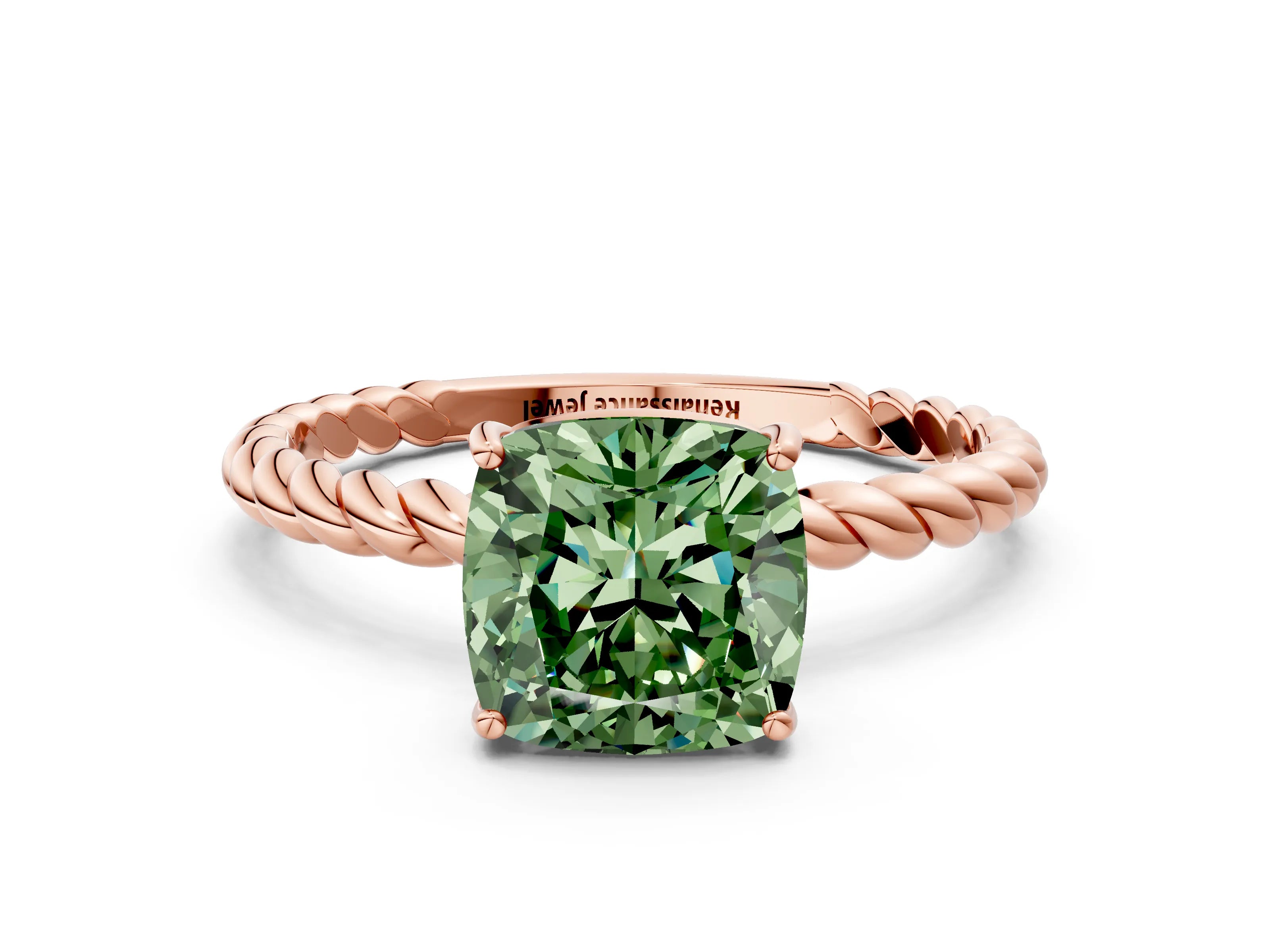 Rose gold Fancy Green Cushion Cut Solitaire Twisted Band 4-Prong Ring