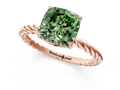 Rose gold Fancy Green Cushion Cut Solitaire Twisted Band 4-Prong Ring_1