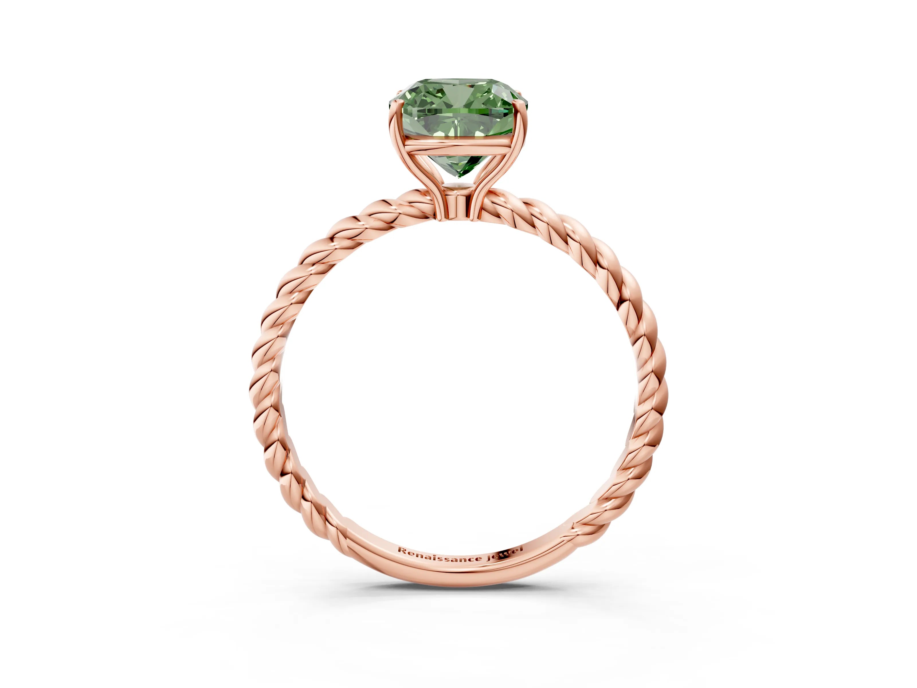 Rose gold Fancy Green Cushion Cut Solitaire Twisted Band 4-Prong Ring_3