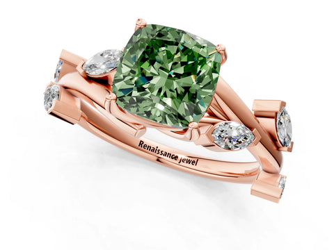 Rose gold Fancy Green Cushion Cut Solitaire Twisted Band Marquise Accent Prong Setting Ring_1