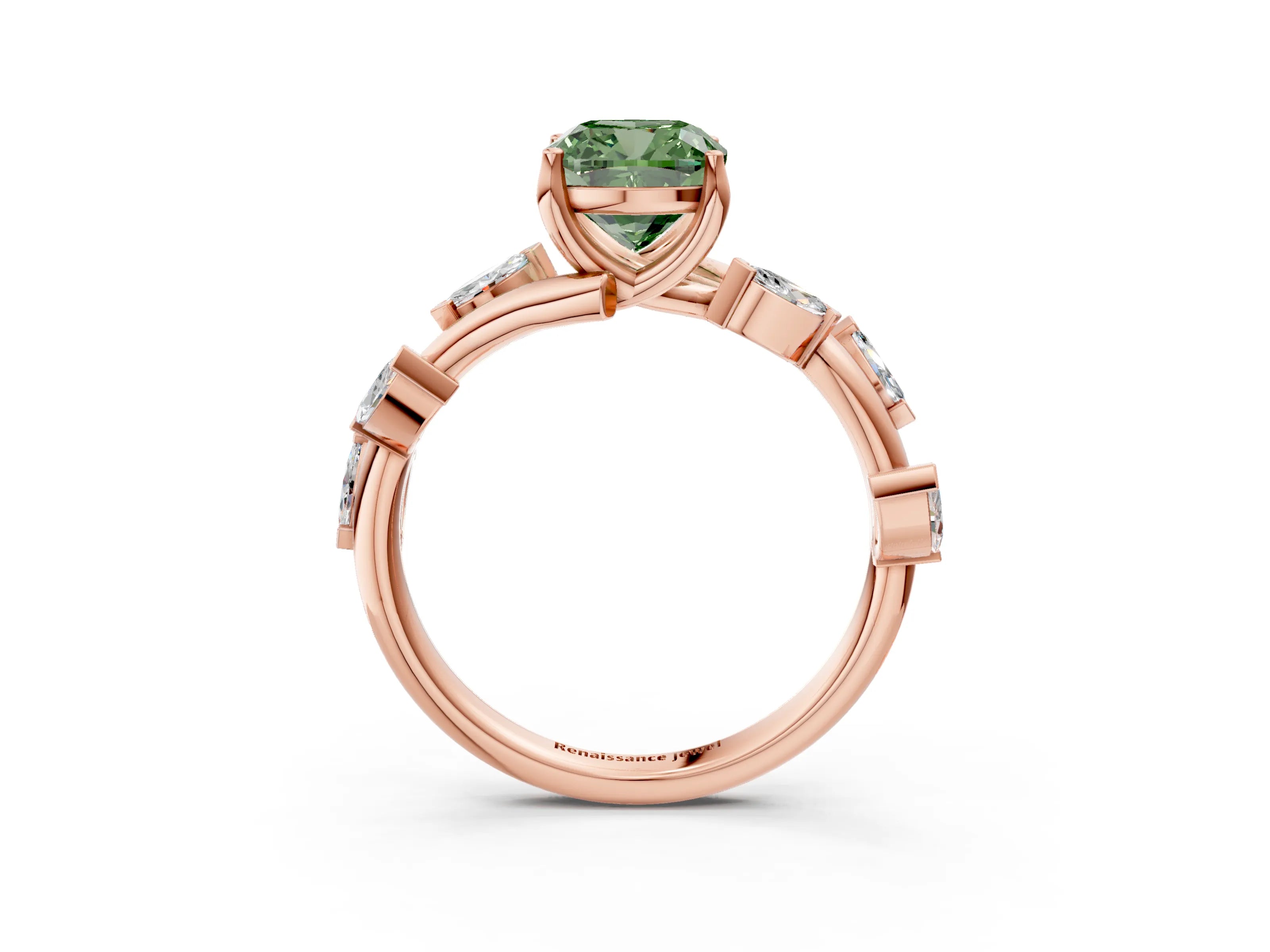 Rose gold Fancy Green Cushion Cut Solitaire Twisted Band Marquise Accent Prong Setting Ring_3