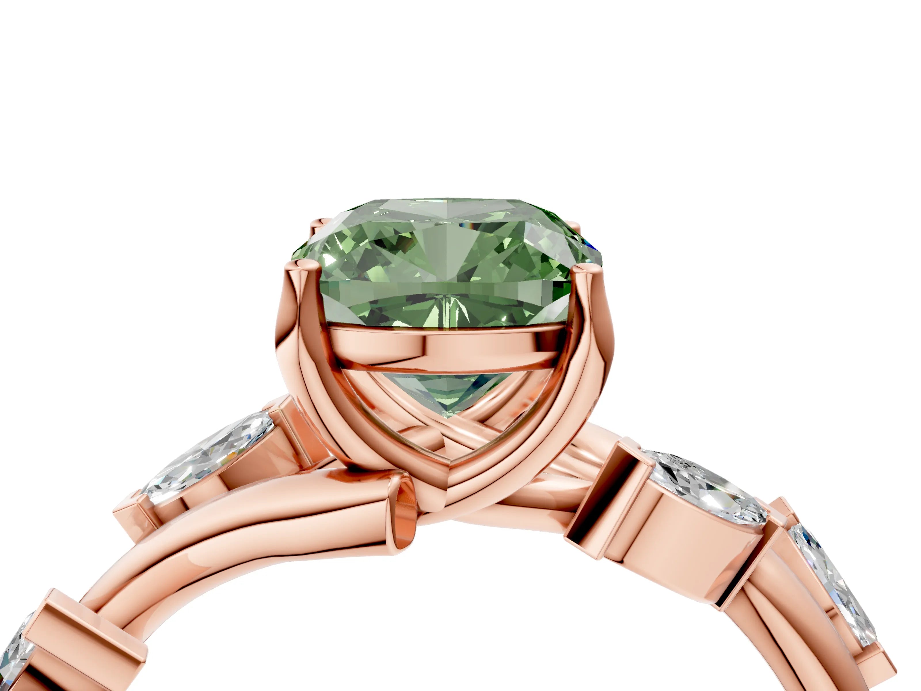 Rose gold Fancy Green Cushion Cut Solitaire Twisted Band Marquise Accent Prong Setting Ring_4