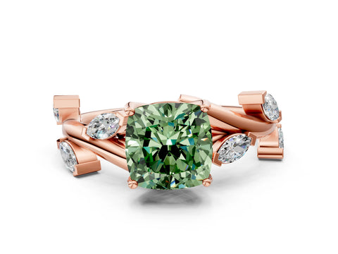 Rose gold Fancy Green Cushion Cut Solitaire Twisted Band Marquise Accent Prong Setting Ring