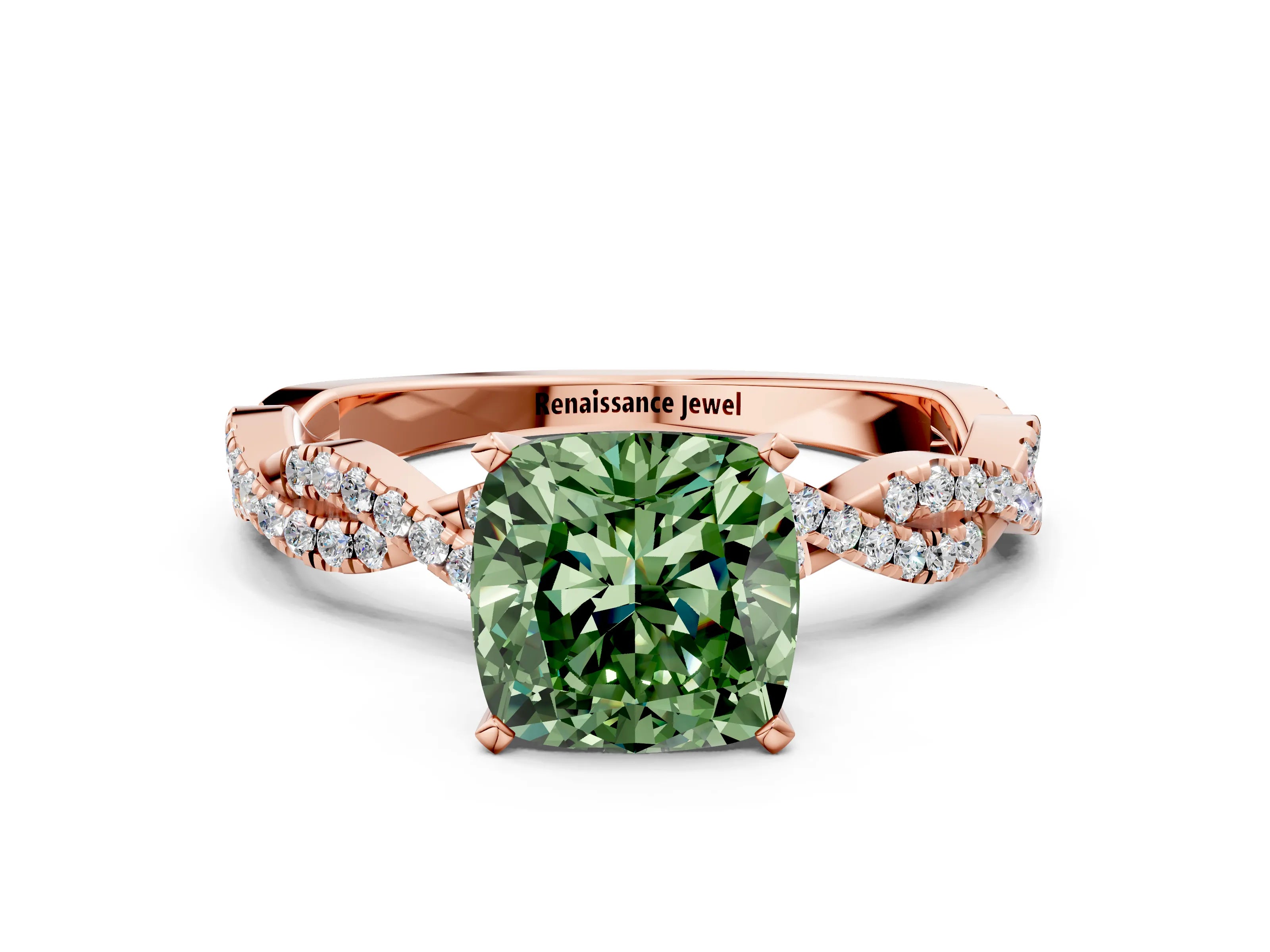 Rose gold Fancy Green Cushion Cut Solitaire Twisted Pave Band with Four-Prong Setting_3