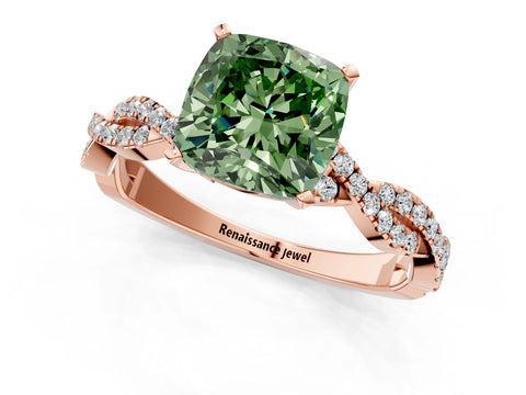 Rose gold Fancy Green Cushion Cut Solitaire Twisted Pave Band with Four-Prong Setting_4