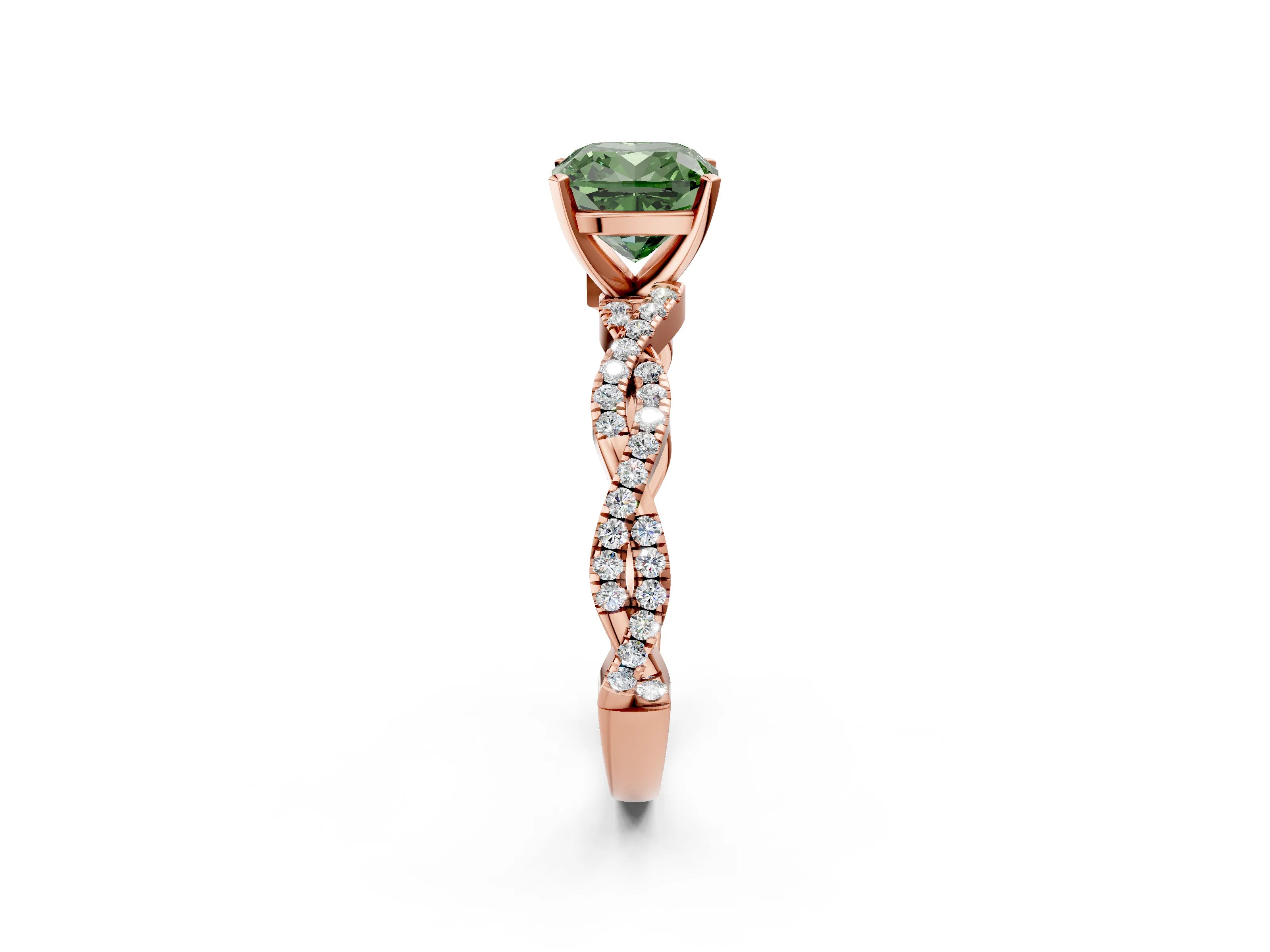 Rose gold Fancy Green Cushion Cut Solitaire Twisted Pave Band with Four-Prong Setting_5