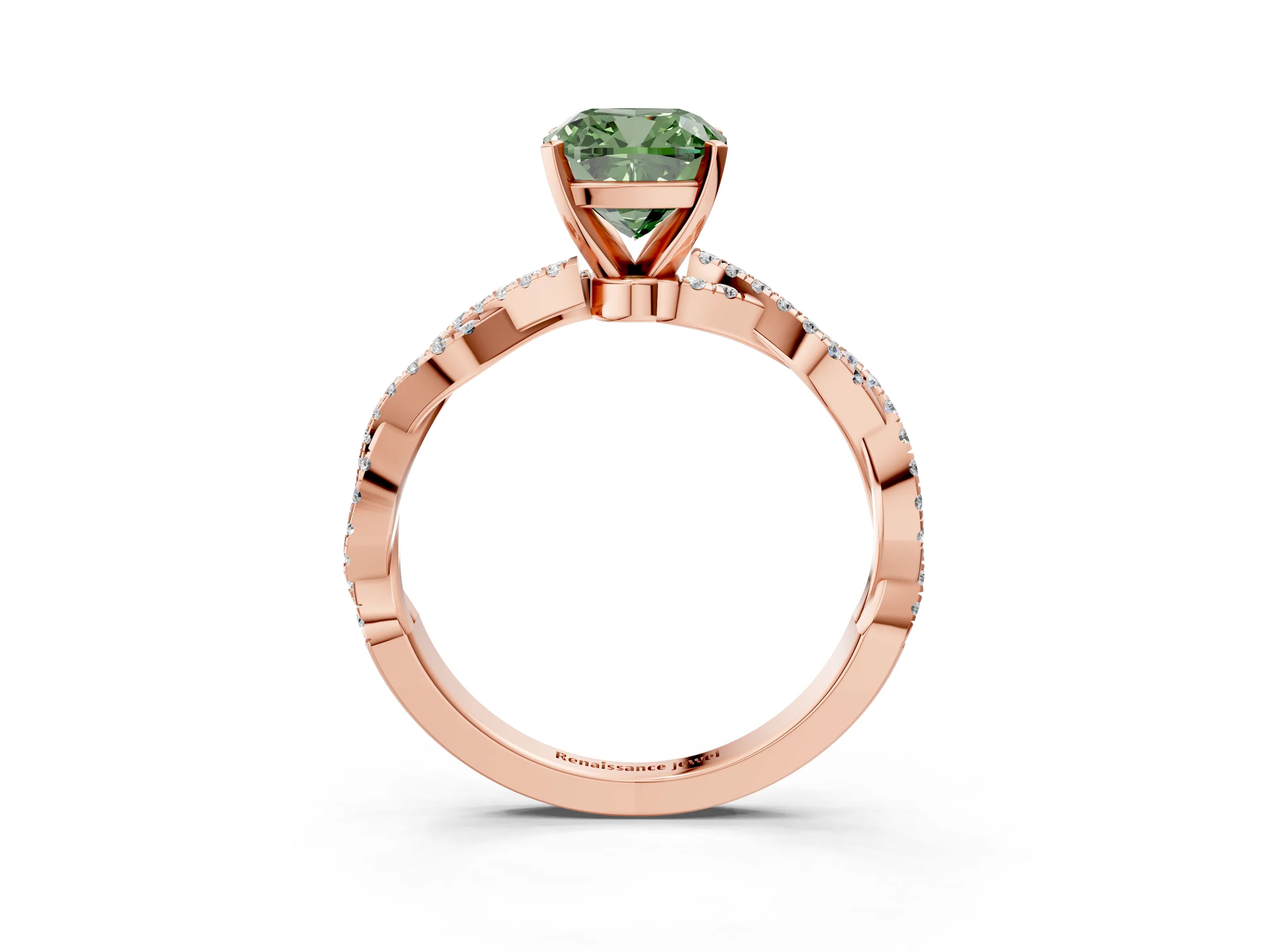 Rose gold Fancy Green Cushion Cut Solitaire Twisted Pave Band with Four-Prong Setting_6